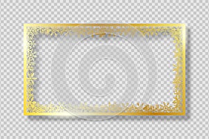 Gold frame with golden snowflakes. Banner for Merry Christmas and New Year text or photo. Golden rectangle border with gold snow