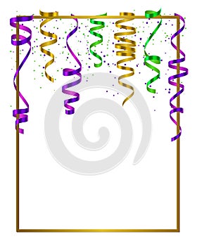 Gold frame with green, yellow and violet serpentine, ribbon and dust confetti isolated on white background