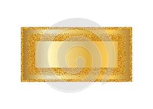 Gold frame isolated white background. Golden glitter confetti texture. Gold square border, shiny gradient. Light dust