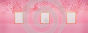 Gold frame mockup with pink plant palm leaves overlap on pink background, tropical summer concept minimal,Abstract scene with