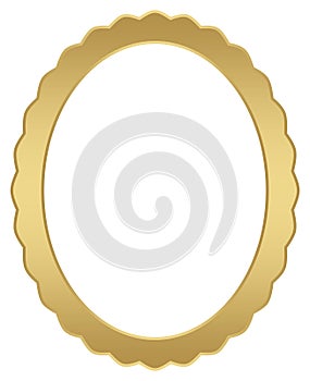 Gold frame. Oval Waved picture border vector on white isolated back.