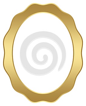 Gold frame. Oval Waved picture border vector on white isolated back.