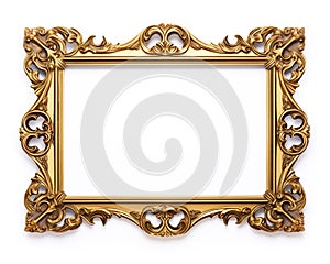 Gold frame for a picture in a classic baroque style on a white background. Illustration, Generative AI