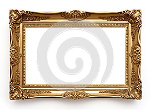 Gold frame for a picture in a classic baroque style on a white background. Illustration, Generative AI