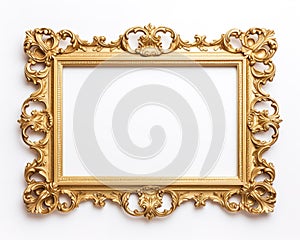 Gold frame for a picture in a classic baroque style on a white background. Illustration, Generative AI