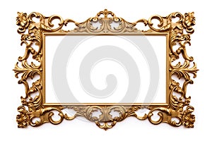 Gold frame for a picture in a classic baroque styleon on a white background. Illustration, Generative AI