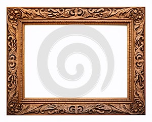 Gold frame for a picture in a classic baroque styleon on a white background. Illustration, Generative AI