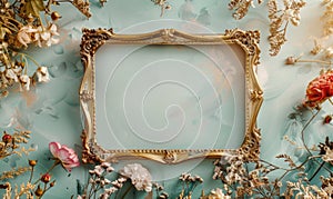 A gold frame with pink flowers on the wall. Abstract background with frame and space for text