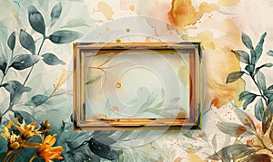 A gold frame with pink flowers on the wall. Abstract background with frame and space for text