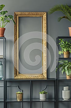 A gold frame and plants in vases on black shelves next to a grey