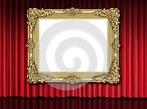 Gold frame on red velvet curtain