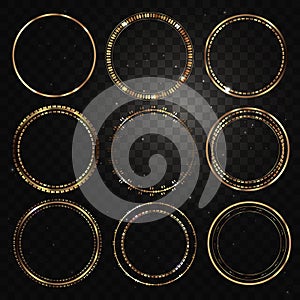 Gold frame. Round frames for designs and photos. Glowing sparkles and stars on the frames. Isolated, transparent