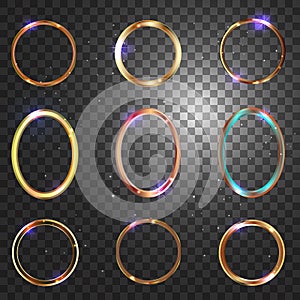 Gold frame. Round and oval frames for designs and photos. Glowing sparkles and stars on the frames. Isolated, transparent