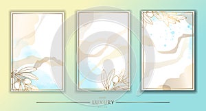 Gold frame. Set of gilded olive leaves and branches. Blue watercolor stains. Modern minimalist design. Vector