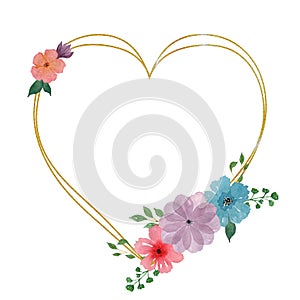 Gold frame in the shape of a heart. Frame, decorated with a bouquet of flowers