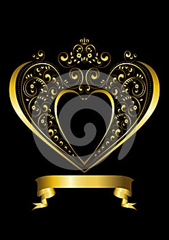 Gold frame in the shape of a heart decorated with calligraphically curled details and flowers over a gold ribbon