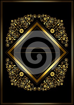 Gold frame with stylized calligraphic swirls,flowers, stars on a black background