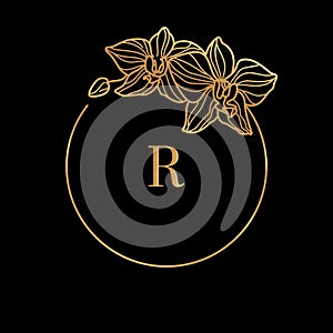 Gold frame template Orchid Flower and monogram concept with the letter R in minimal linear style. Vector floral logo