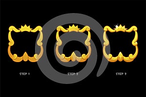 Gold frame templates with crown, blank avatar 3 steps of drawing for game.
