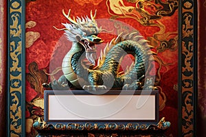 A gold framed white frame with a dragon in it with Generative AI