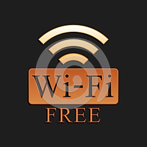 Gold Free Wi-fi icon isolated on black background. Wi-fi symbol. Wireless Network icon. Wi-fi zone. Long shadow style