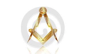 Gold freemasonry emblem, the masonic square and compass symbol. All seeing eye of god in sacred geometry triangle logo