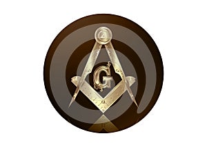 Gold freemasonry emblem - the masonic square and compass symbol. All seeing eye of god in sacred geometry triangle, masonry sign