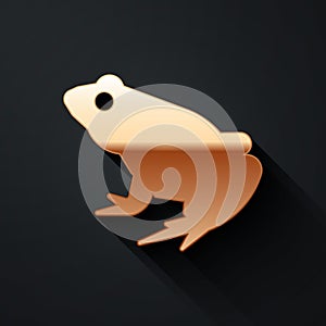 Gold Frog icon isolated on black background. Animal symbol. Long shadow style. Vector