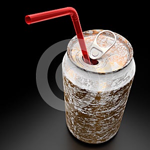 Gold frozen aluminum beer or soda can with red straw isolated on black
