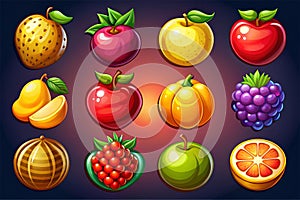 Gold fruit and berries icons for game interface