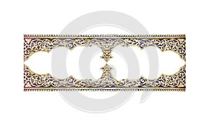 Gold gable temple stucco for fecorative on wood  entrance arches with flower brach and  angel isolated on white background ,