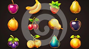The gold game fruits icons set includes plum, banana, cherry, blueberry pear and orange along with lemon and strawberry