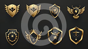 Gold game rank badge and level medal modern icons. Golden shield emblem with star. Royal win award UI frame set. Victory