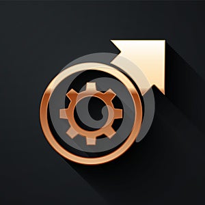 Gold Gear and arrows as workflow process concept icon isolated on black background. Gear reload sign. Long shadow style