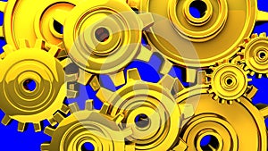 Gold gears on blue chroma key background.
