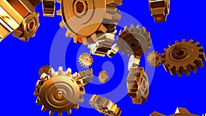 Gold gears on blue chroma key background.