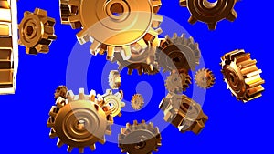 Gold gears on blue chroma key background.