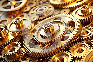 Gold gears and cogs macro. 3D