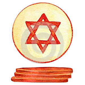 Gold gelt for Hanukkah celebrations. Stack, obverse of the coin, edge. Watercolor illustration, isolated on white.