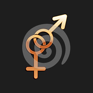 Gold Gender icon isolated on black background. Symbols of men and women. Sex symbol. Long shadow style. Vector