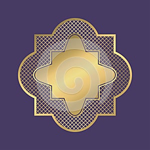 Gold geometric frame. Abstract ornamental blank banner in arabic style on violet background. Vector.