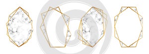 Gold geometric frames with marble inserts. Set of golden frames or borders for wedding invitations with marble texture. Vector