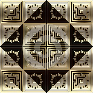 Gold geometric ornamental squares vector seamless pattern. Textured golden abstract background. Checkered repeat