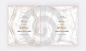 Gold geometric polygonal lines, confetti on marble background. Trendy templates for banner, flyer, poster, save the date, greeting