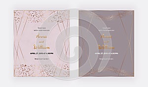 Gold geometric polygonal lines, confetti on the pink, beige marble background. Trendy templates for banner, flyer, poster, save th