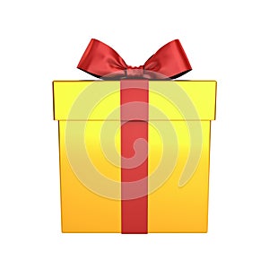 Gold Gift box or Present box with red ribbon bow isolated on white background