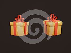 Gold gift box with red bow isolated on black background, Christmas 3D render