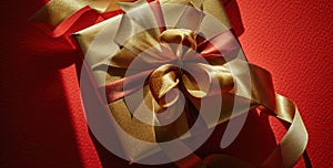 gold gift box, ribbon on rudo red background photo