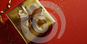 gold gift box, ribbon on rudo red background photo
