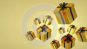 Gold gift boxes with black ribbon on black background. 3D rendering.